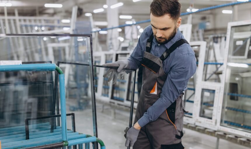 Factory worker wearing uniform and gloves checking glass pane in aluminum and pvc windows and doors production workshop
